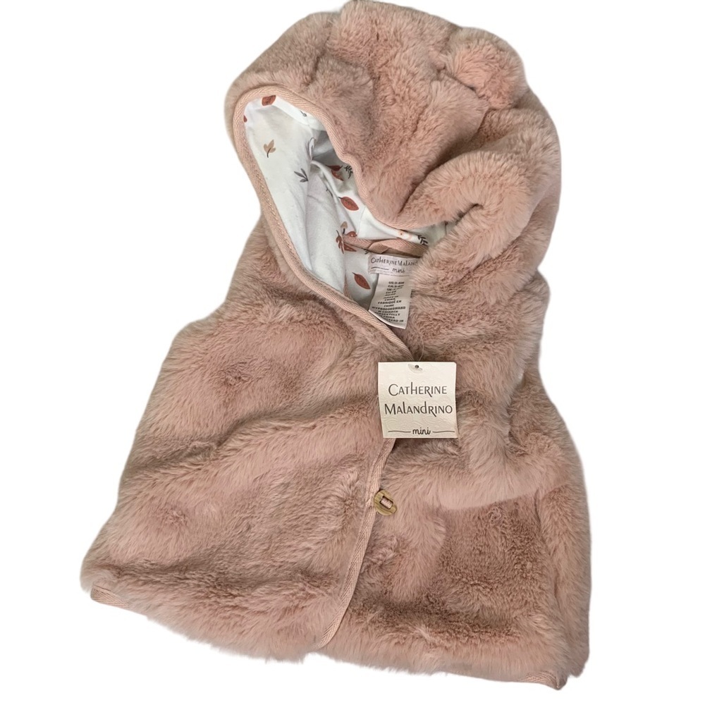 Catherine Malandrind Pink Faux Fur Baby Bunny Vest w/ Hood Soft Cotton Lining